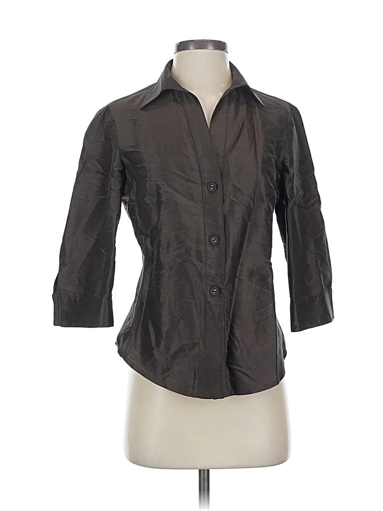 Pre-owned Louben 3/4 Sleeve Silk Top Gray Open Neckline Tops