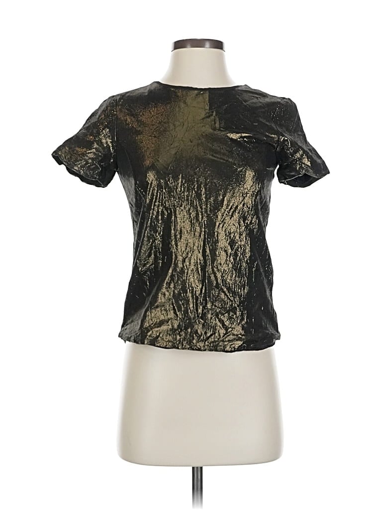 Pre-owned Lafayette 148 Short Sleeve Top Black Metallic Pattern Keyhole Neckline Tops