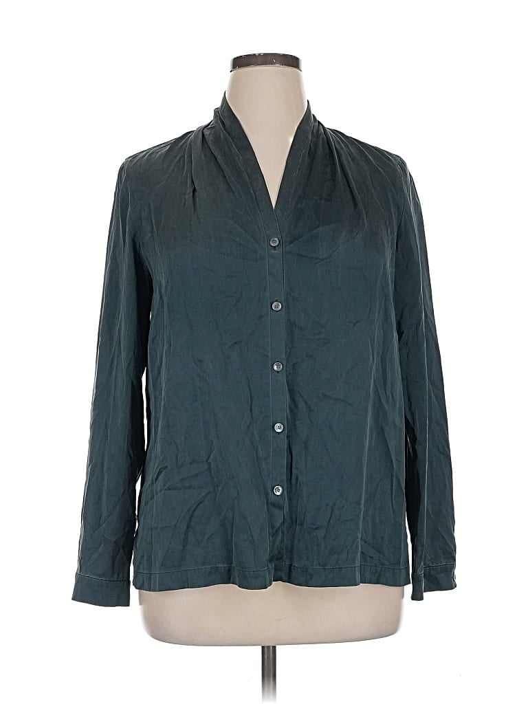 Pre-owned Lafayette 148 Long Sleeve Silk Top Teal Collared Neckline Tops In Blue