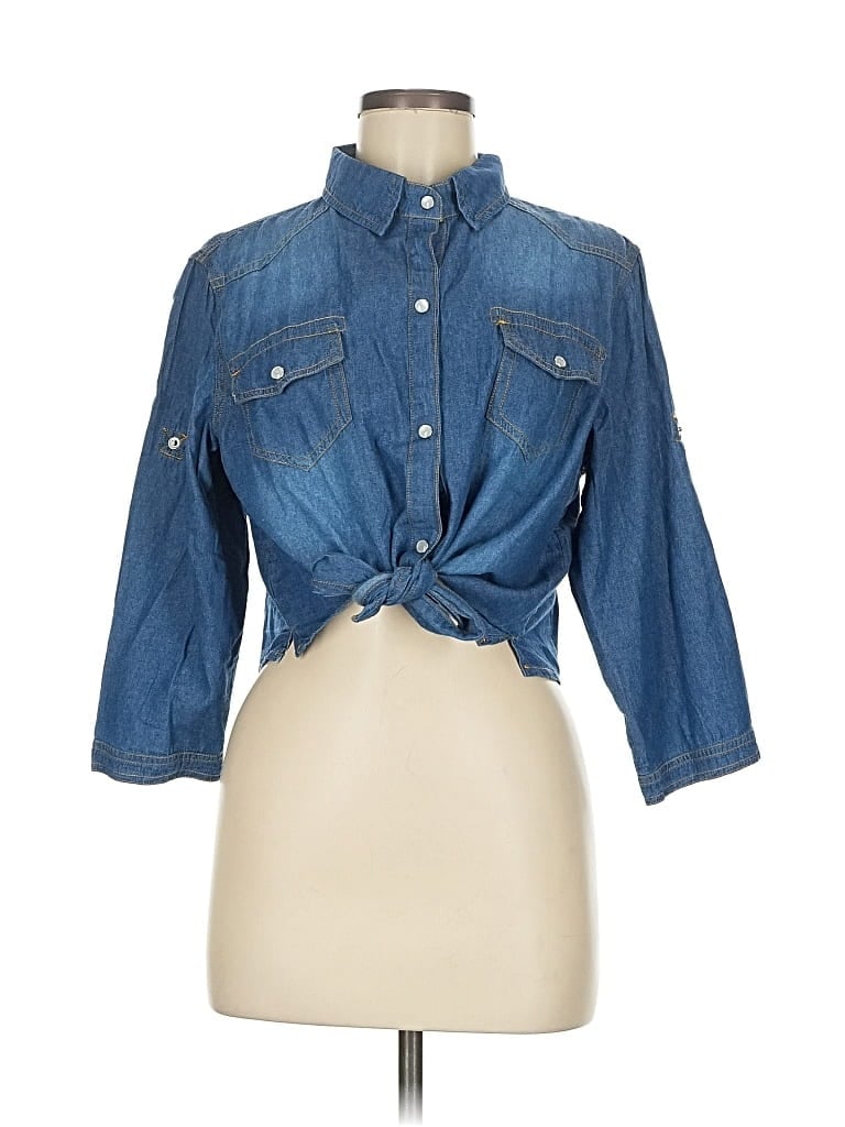 Pre-owned Unbranded 3/4 Sleeve Button Down Shirt In Blue