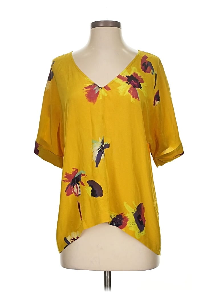 Pre-owned Tea Short Sleeve Silk Top Yellow V Neck Tops