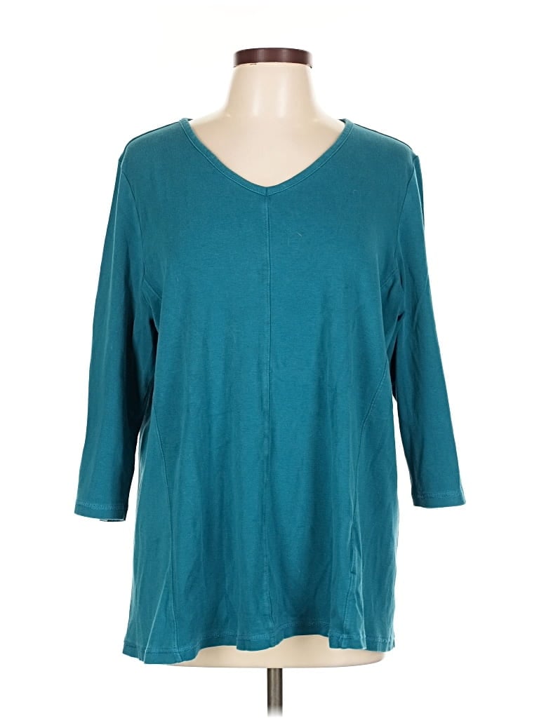 Pre-owned Coldwater Creek 3/4 Sleeve Top Teal V-neck Tops In Blue