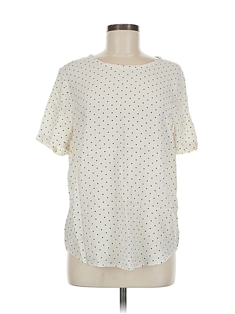Pre-owned Equipment Short Sleeve Silk Top Ivory Polka Dots Pattern Crew Neck Tops In White