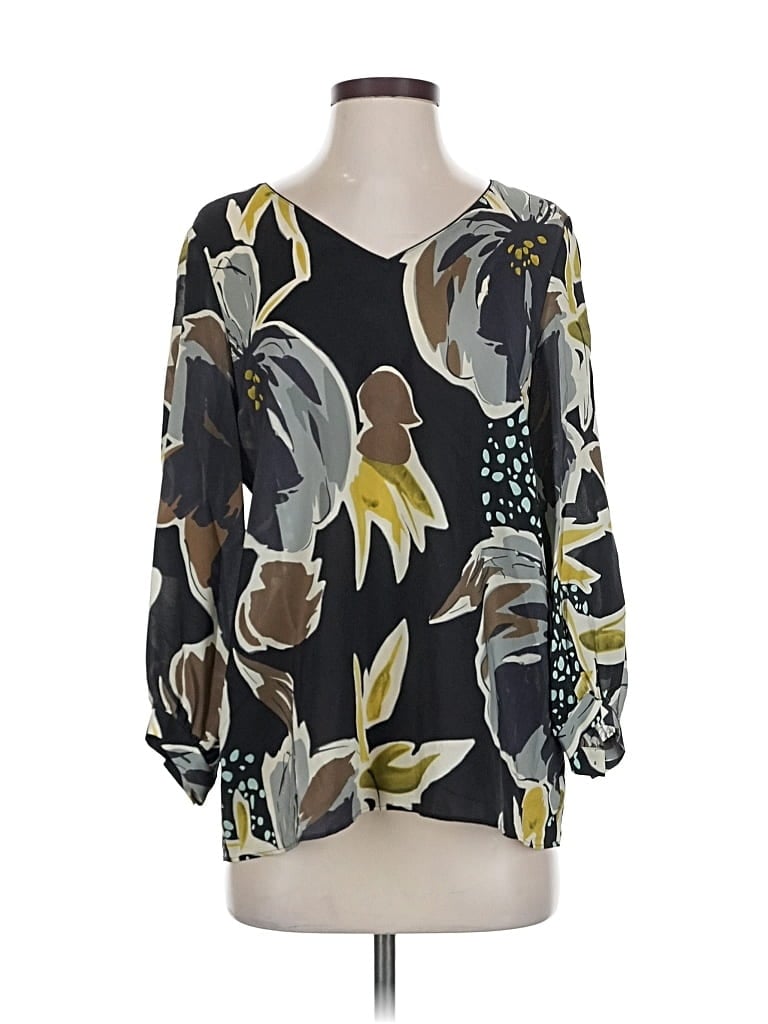 Pre-owned Lafayette 148 3/4 Sleeve Silk Top Black Open Neckline Tops