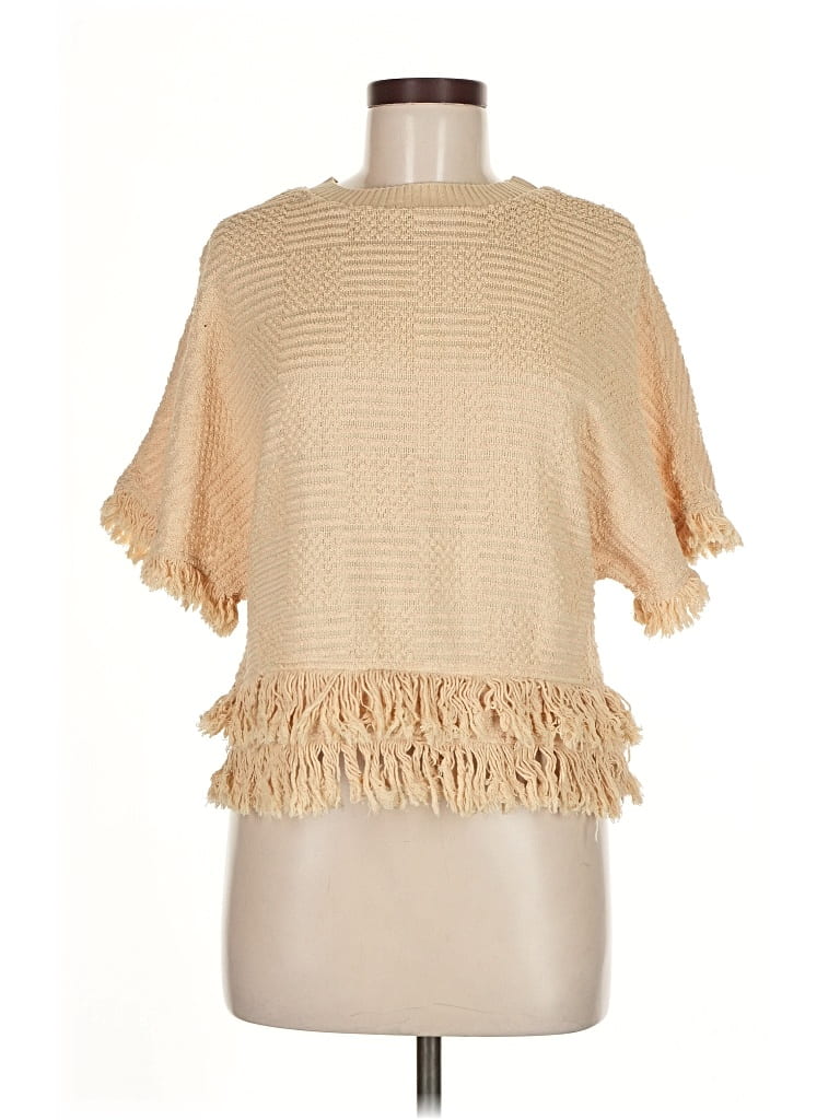 Pre-owned Zara Short Sleeve Top Tan Ruffles Neckline Tops In Brown