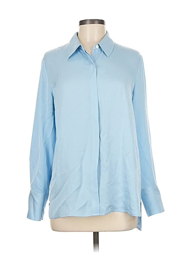 Pre-owned Theory Long Sleeve Silk Top Blue Collared Neckline Tops