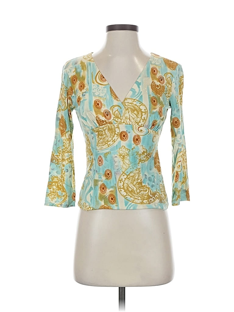 Pre-owned Cabi 3/4 Sleeve Top Teal Sweetheart Neckline Tops In Blue