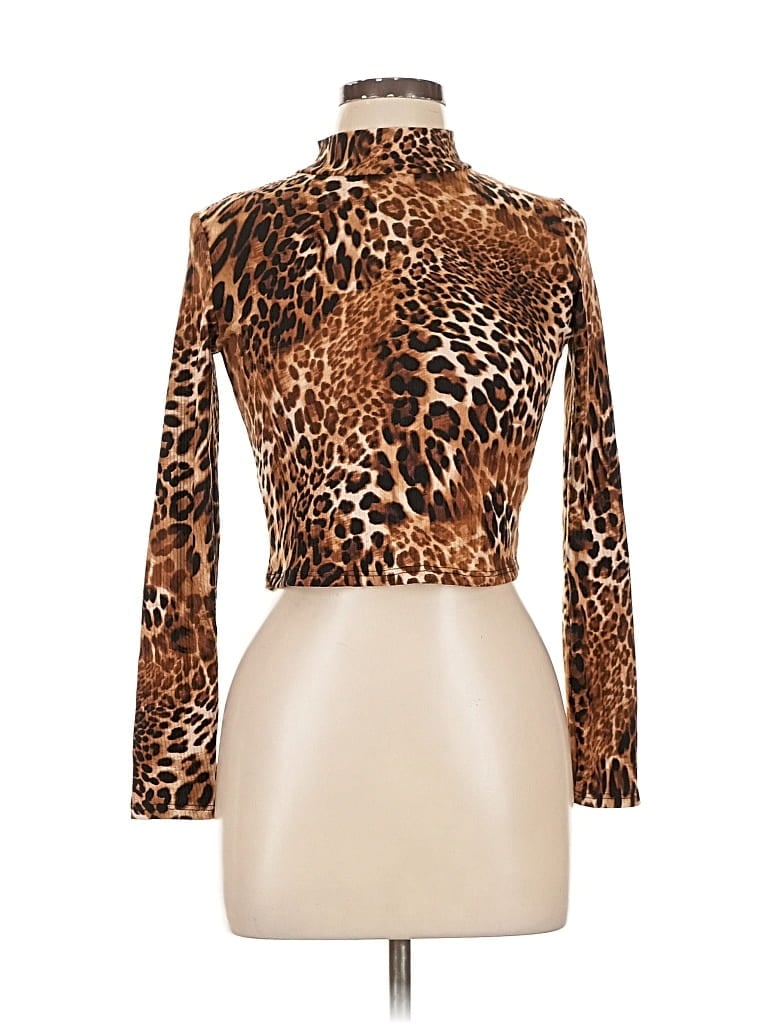 Pre-owned Fashion Nova Long Sleeve Top Brown Animal Print Pattern Turtleneck Tops