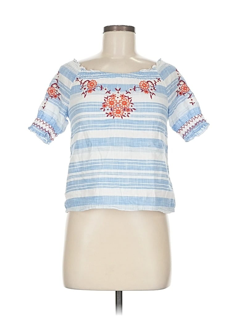 Pre-owned Crown & Ivy Short Sleeve Top Blue Off The Shoulder Neckline Tops