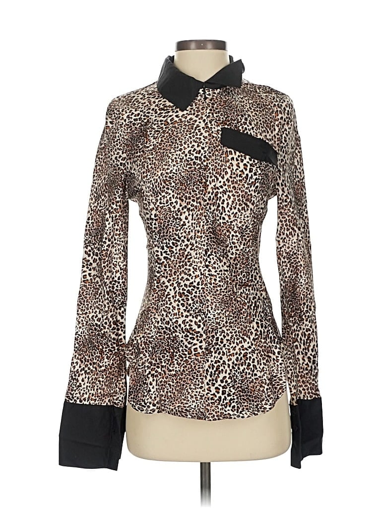 Pre-owned Baum Und Pferdgarten Long Sleeve Silk Top Brown Animal Print Pattern High Neck Tops