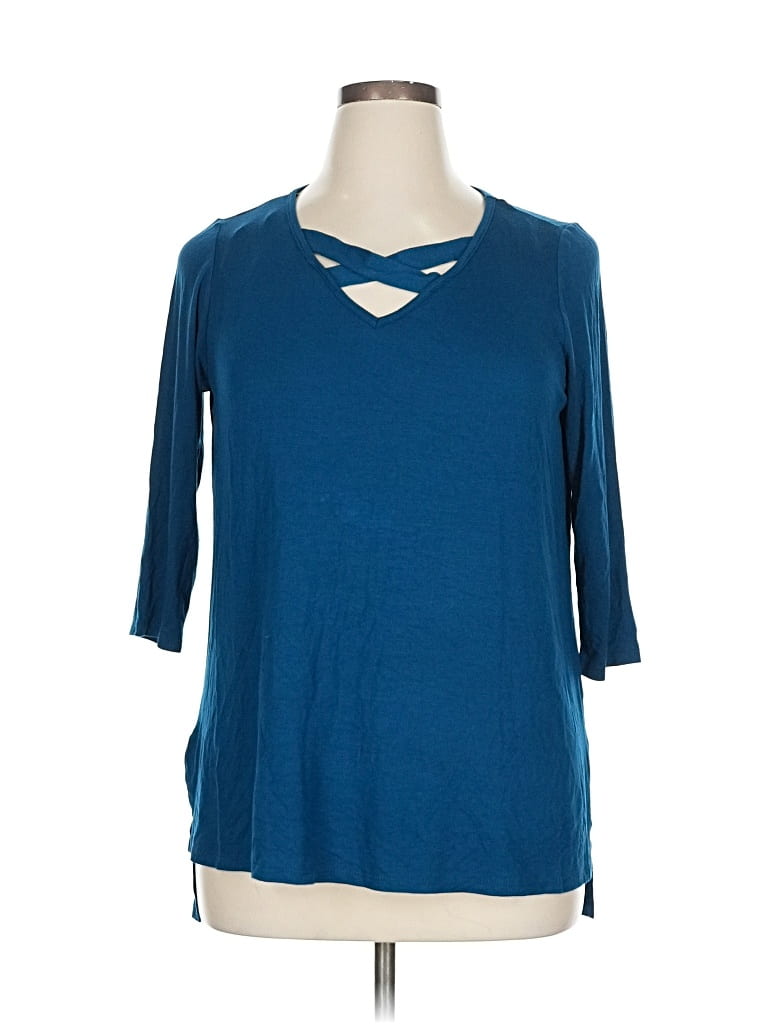 Pre-owned Pebble And Stone 3/4 Sleeve Top Blue Keyhole Neckline Tops