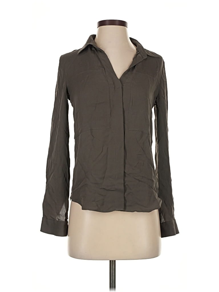 Pre-owned Theory Long Sleeve Silk Top Gray Open Neckline Tops