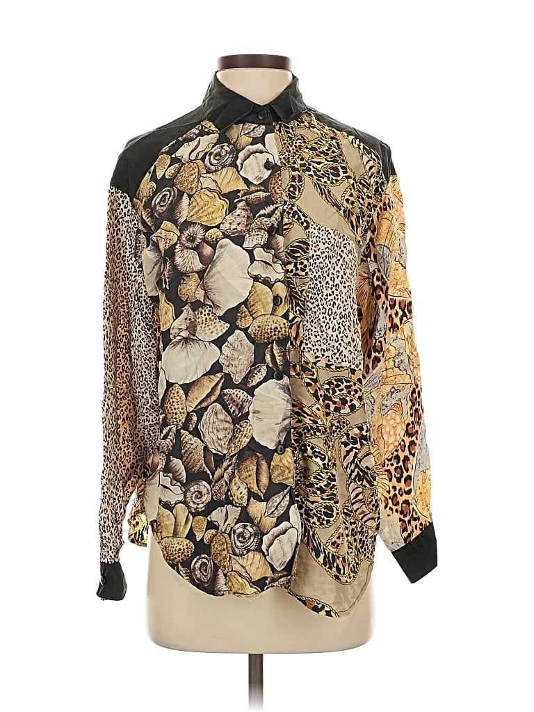 Pre-owned Preston & York Long Sleeve Silk Top Gold Animal Print Pattern Mock Neckline Tops