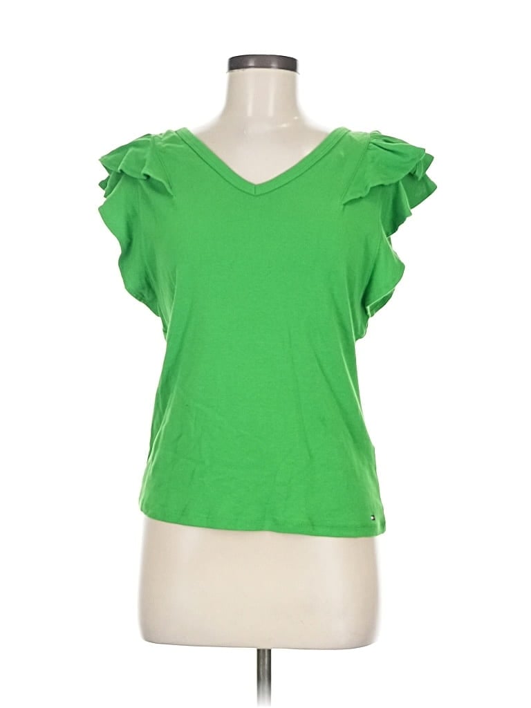 Pre-owned Tommy Hilfiger Short Sleeve Top Green Ruffles Neckline Tops