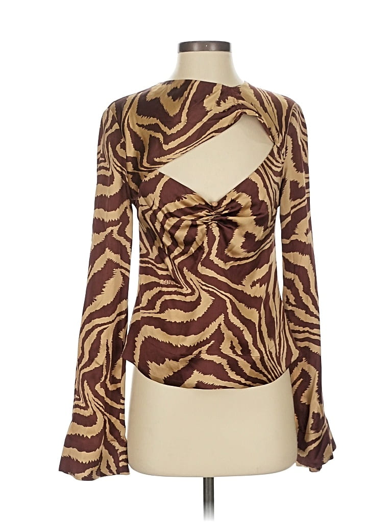 Pre-owned Ganni Long Sleeve Silk Top Brown Cowl Neck Tops