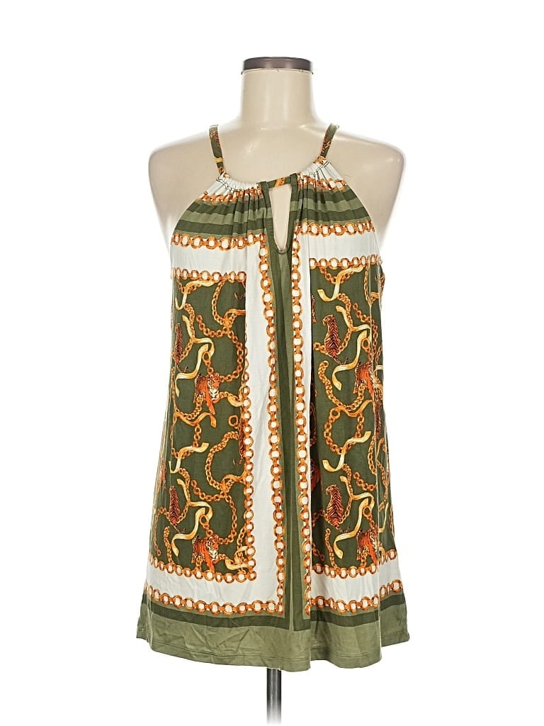 Rose + Olive Sleeveless Top Green Print Pattern Tie Neck Tops