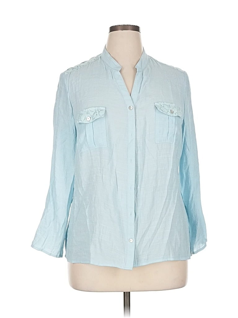 Pre-owned Ny Collection 3/4 Sleeve Button Down Shirt In Blue