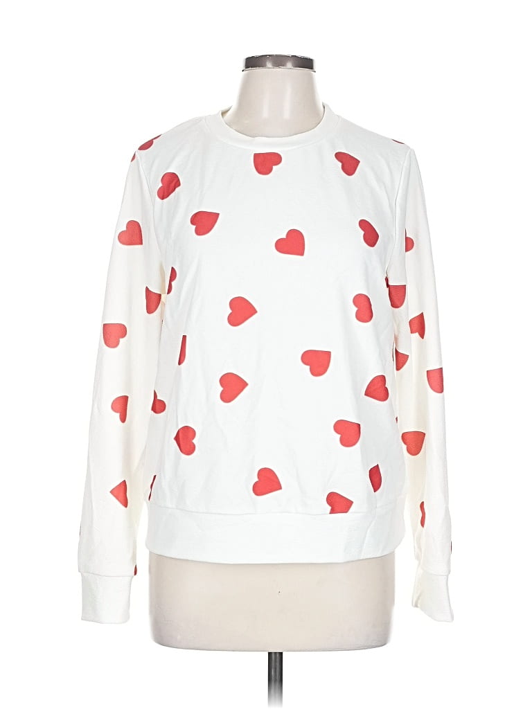 Pre-owned Shein Long Sleeve Top White Hearts Pattern Crew Neck Tops