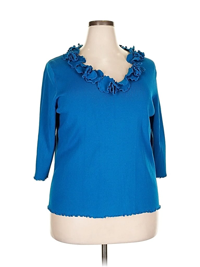 Pre-owned Grace Elements 3/4 Sleeve Top Blue Ruffles Neckline Tops