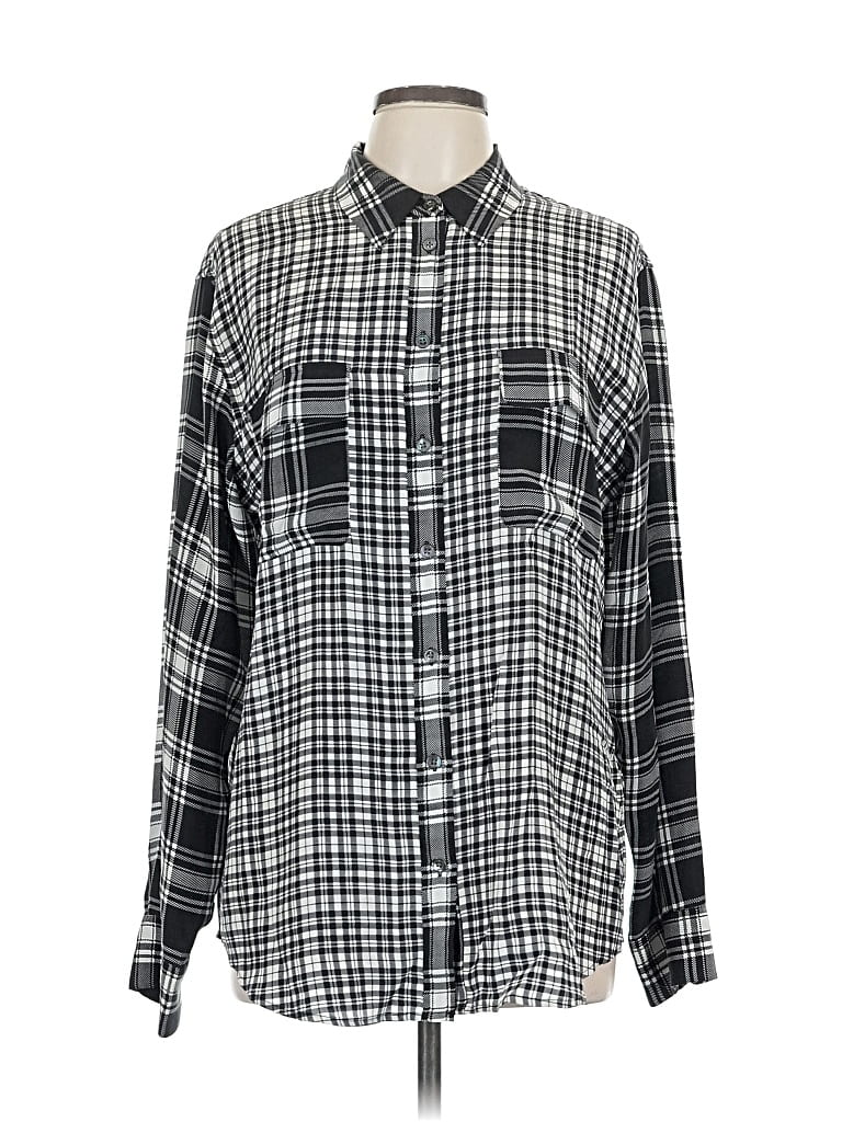 Pre-owned Equipment Long Sleeve Silk Top Gray Plaid Pattern Collared Neckline Tops