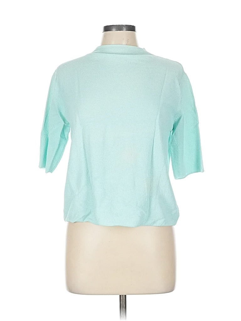 Pre-owned Eileen Fisher 3/4 Sleeve Top Teal Mock Neckline Tops In Blue