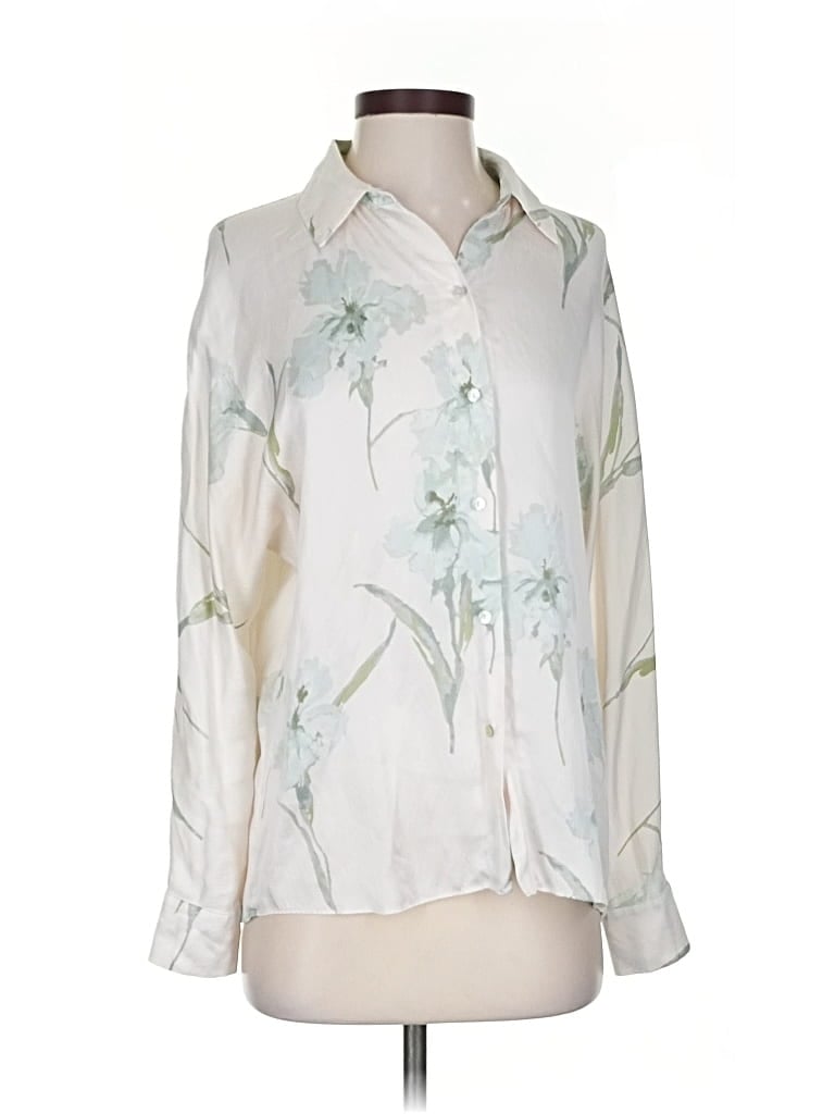 Pre-owned Vince Long Sleeve Silk Top Ivory Floral Pattern Tie Neck Tops In White