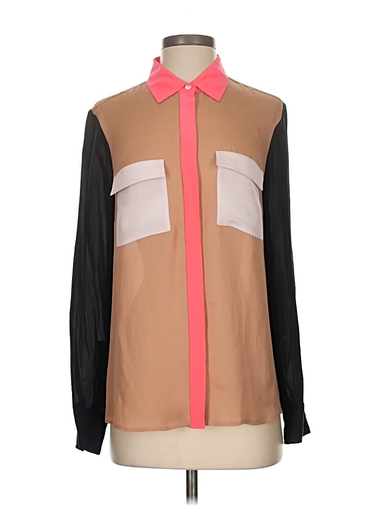 Pre-owned J.crew Collection Long Sleeve Silk Top Brown Color Block Pattern Collared Neckline Tops