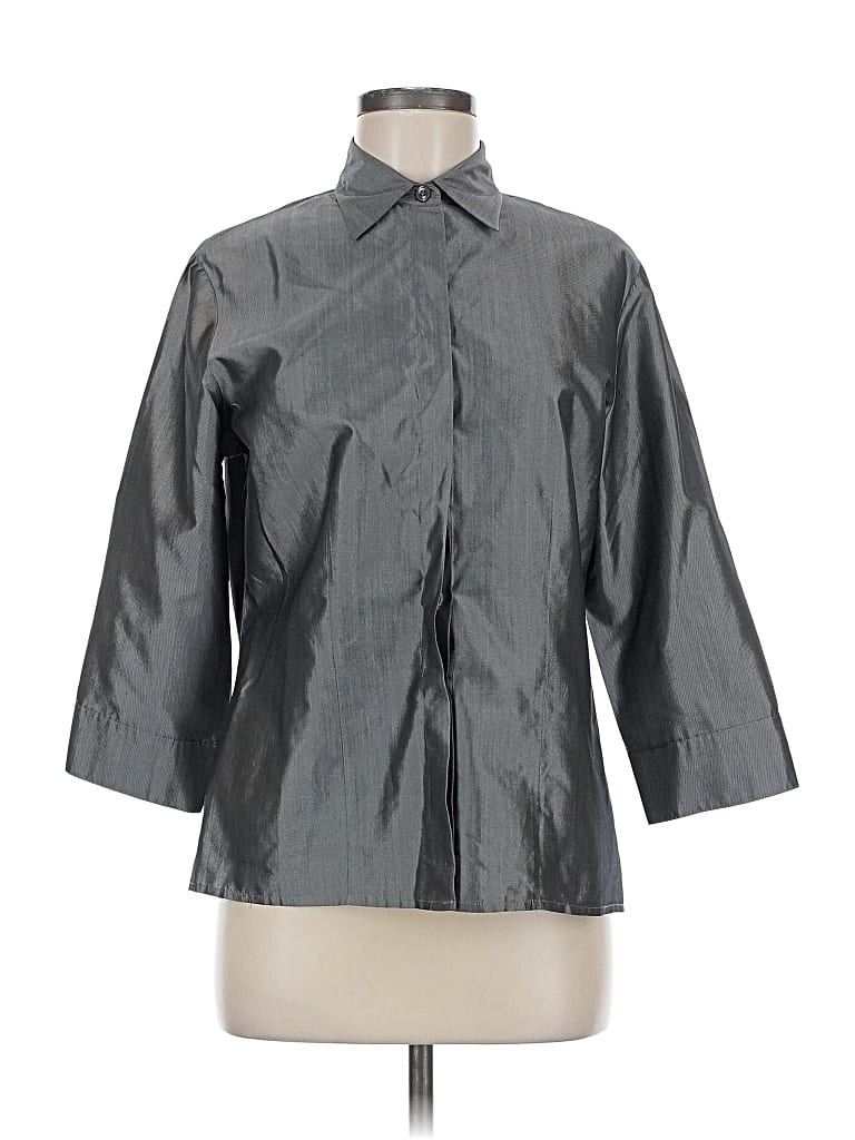 Pre-owned Studio 3/4 Sleeve Silk Top Gray Metallic Pattern Mock Neckline Tops