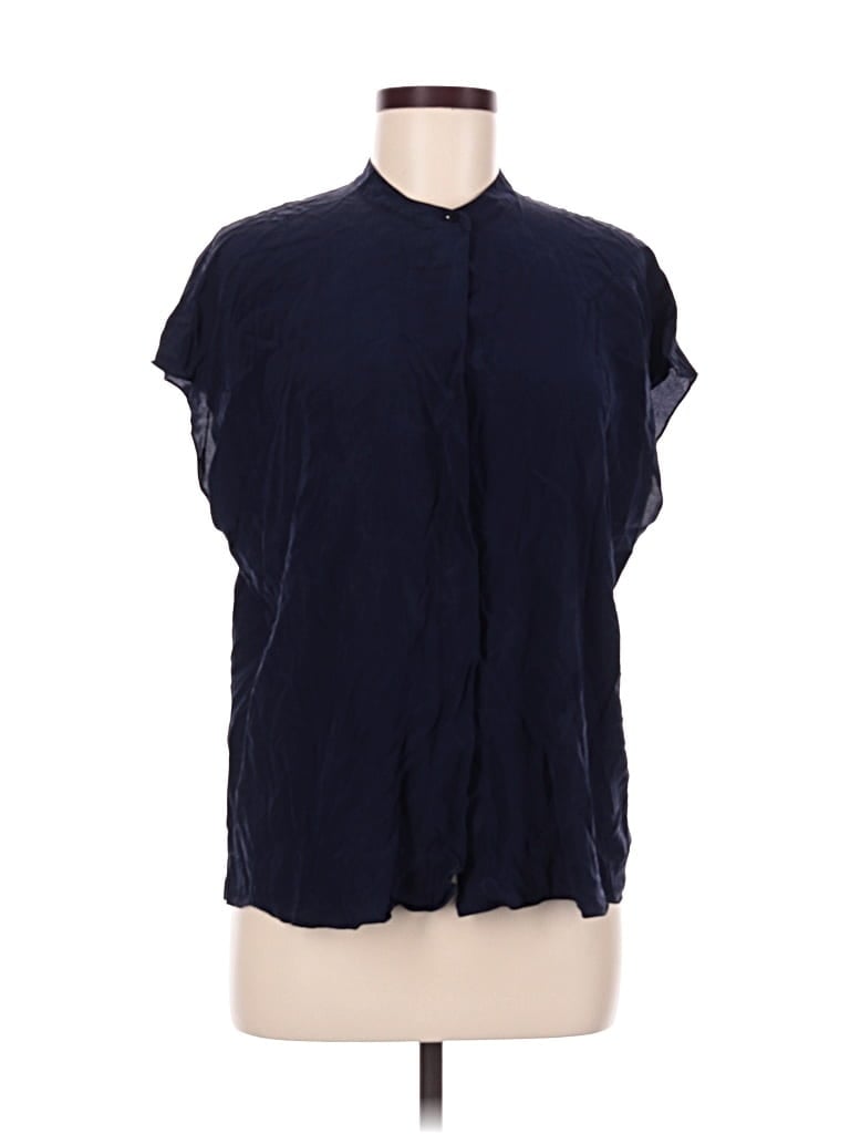 Pre-owned Vince Short Sleeve Silk Top Blue Mock Neckline Tops