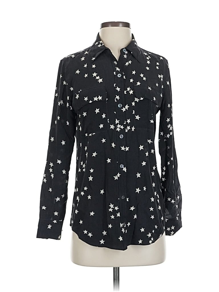 Pre-owned Equipment Long Sleeve Silk Top Black Stars Pattern Collared Neckline Tops