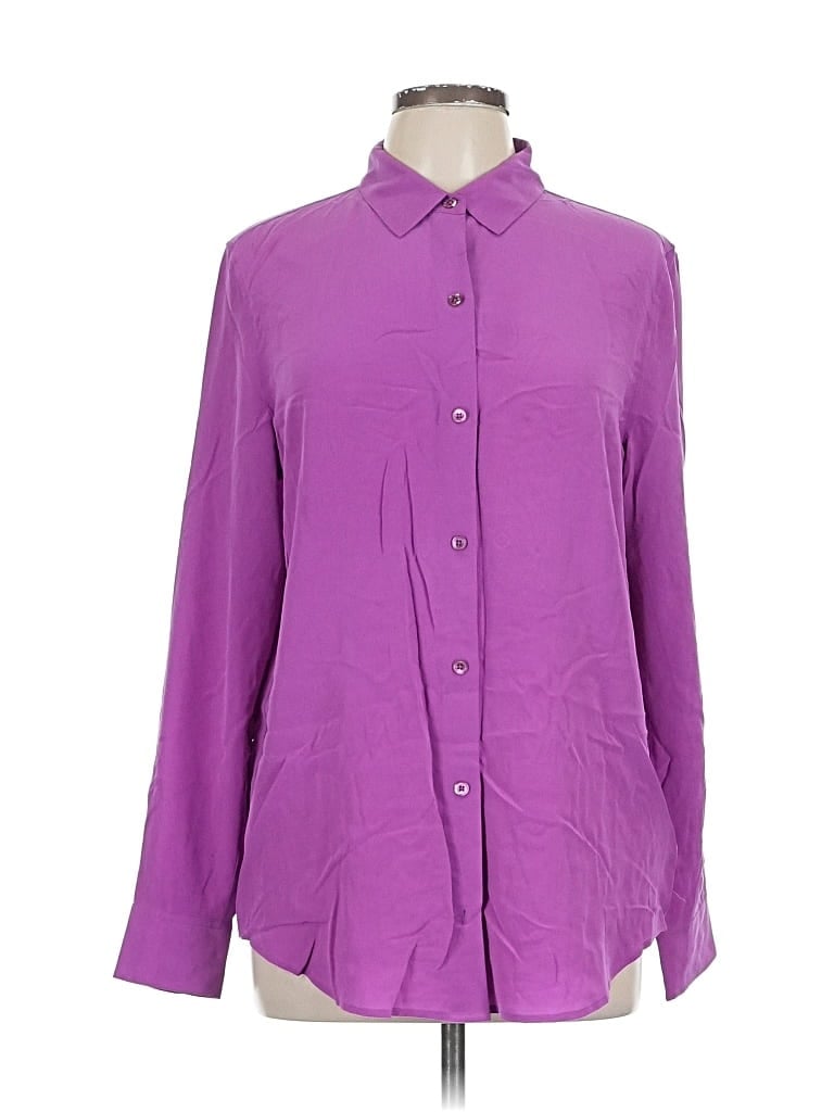 Pre-owned Equipment Long Sleeve Silk Top Purple Mock Neckline Tops