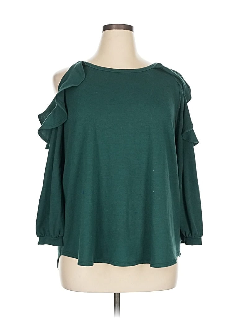 Pre-owned Sweet Lovely By Jen Long Sleeve Top Green Cold Shoulder Neckline Tops