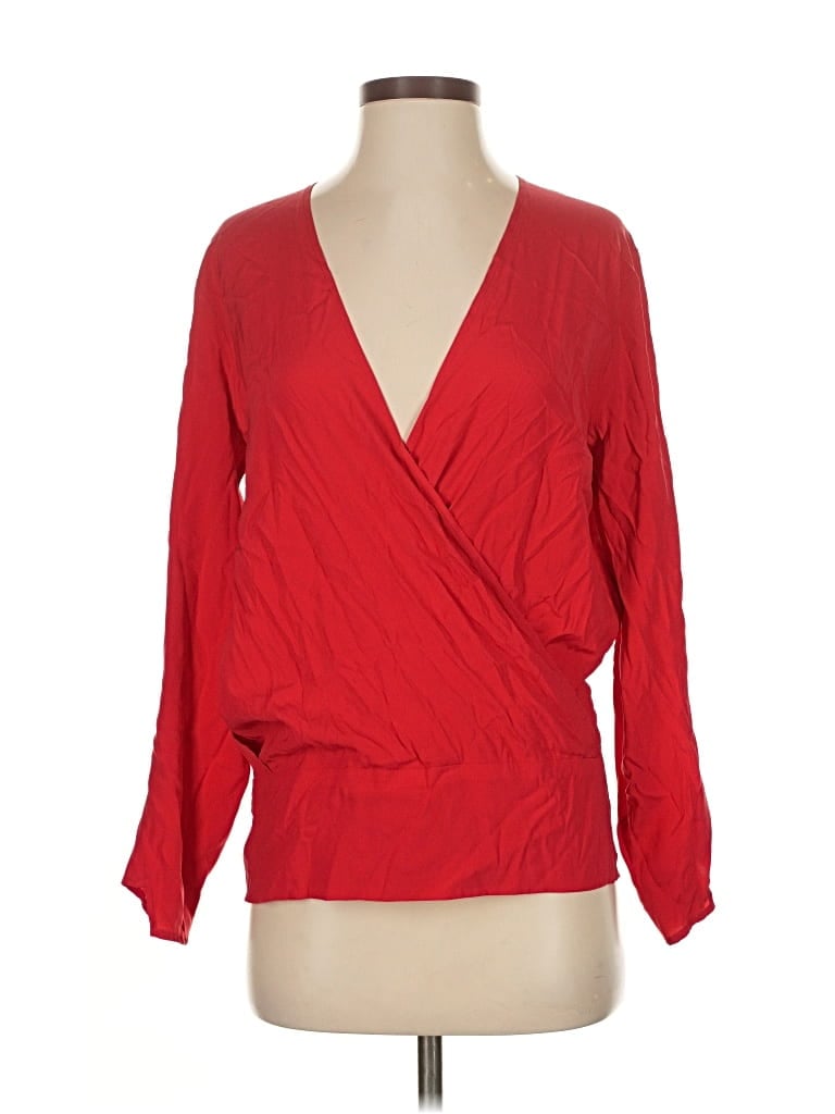 Pre-owned Zero + Maria Cornejo Long Sleeve Silk Top Red Plunge Neckline Tops