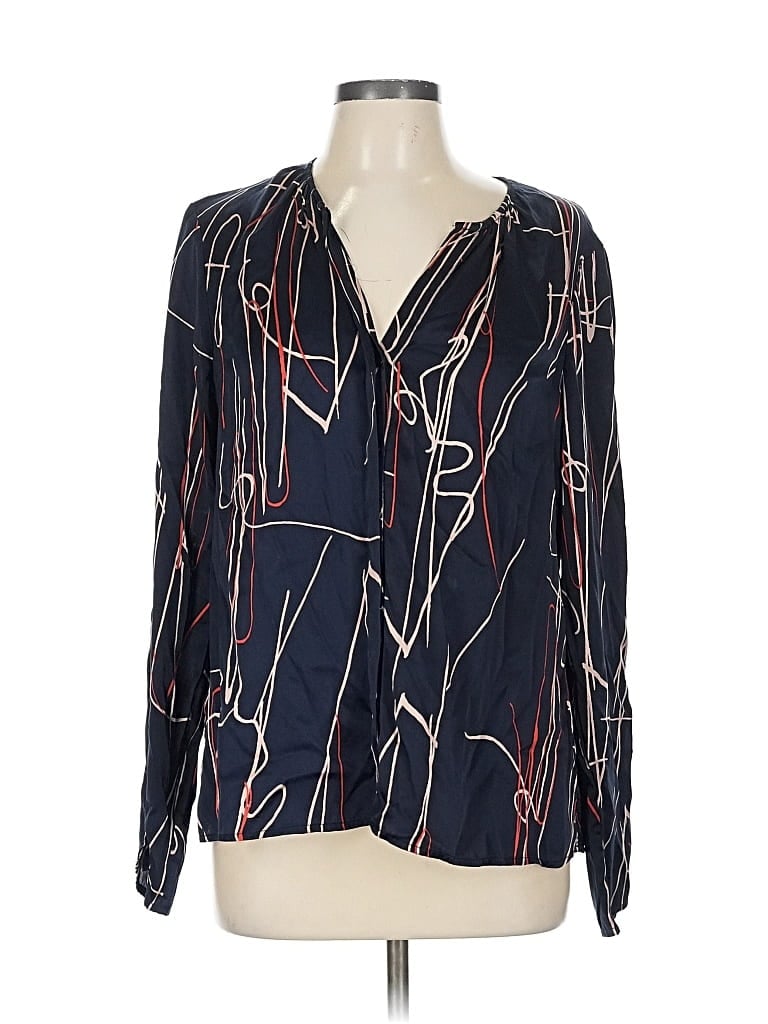 Pre-owned Ecru Long Sleeve Silk Top Blue Plunge Neckline Tops