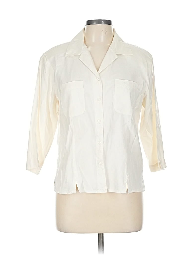Pre-owned Notations 3/4 Sleeve Silk Top Ivory Collared Neckline Tops In White