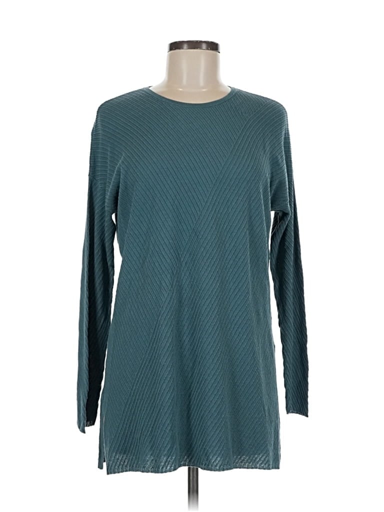 Pre-owned Eileen Fisher Long Sleeve Top Teal Crew Neck Tops In Blue