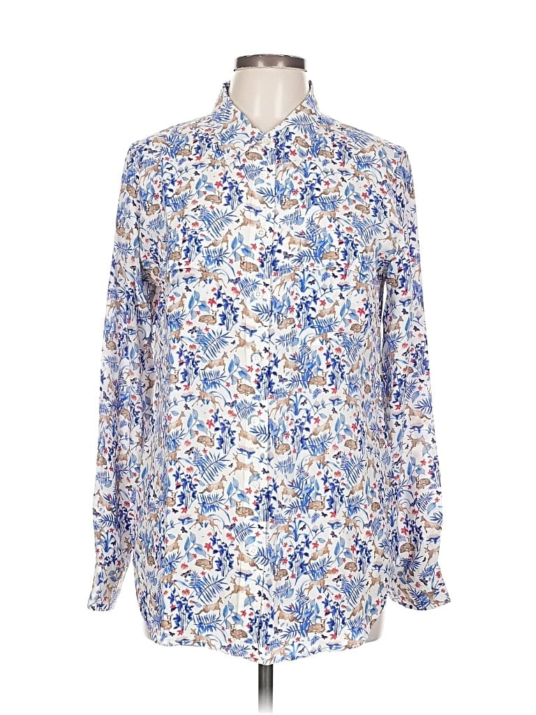 Pre-owned Equipment Long Sleeve Silk Top Blue Floral Pattern Collared Neckline Tops
