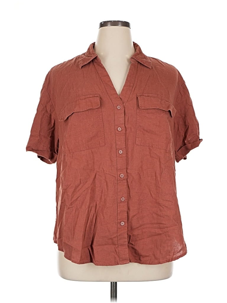 Pre-owned Ava & Viv Short Sleeve Button Down Shirt In Brown