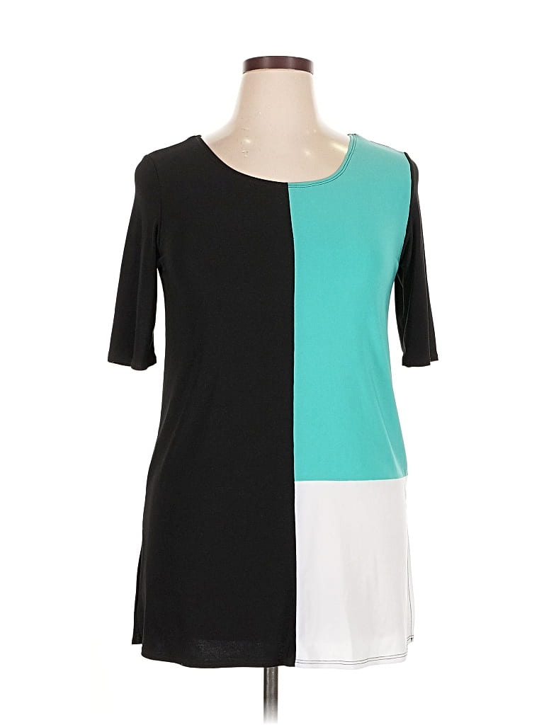 Pre-owned Slinky Brand Short Sleeve Top Teal Color Block Pattern Square Neckline Tops In Blue