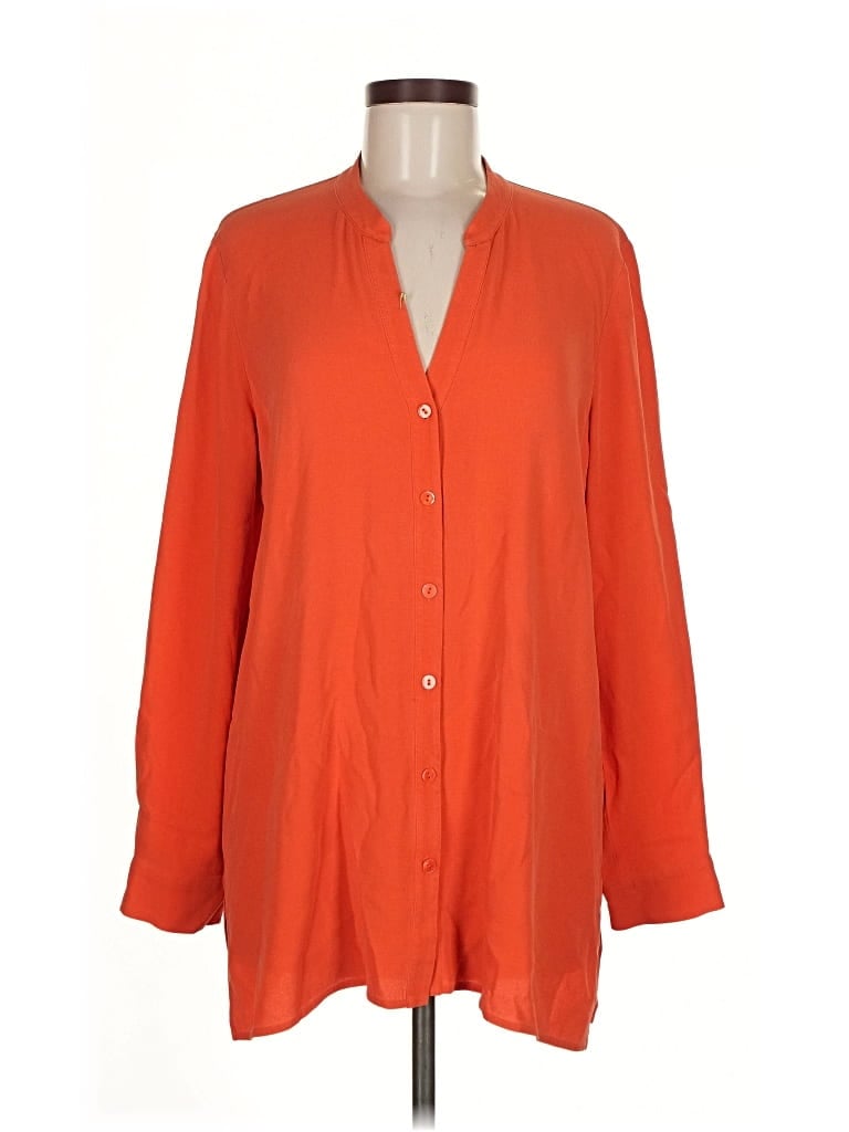 Pre-owned Eileen Fisher Long Sleeve Silk Top Orange Plunge Neckline Tops