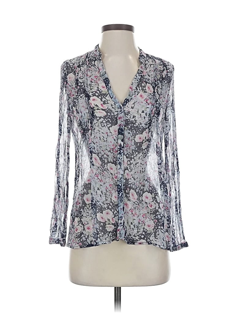 Pre-owned Joie Long Sleeve Silk Top Gray Floral Pattern Plunge Neckline Tops