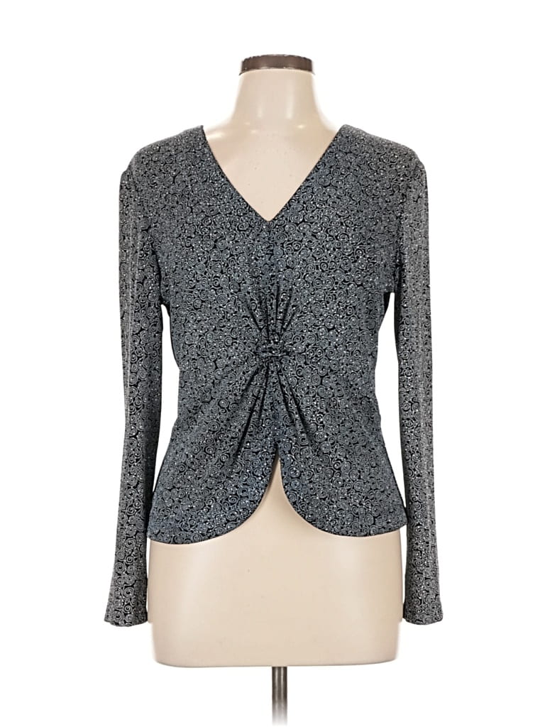 Pre-owned Alex Evenings Long Sleeve Top Gray Plunge Neckline Tops