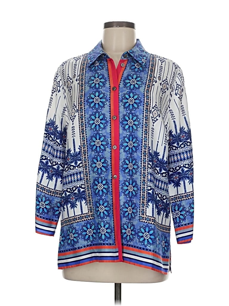 Pre-owned Carlisle Long Sleeve Silk Top Blue Print Pattern Mock Neckline Tops
