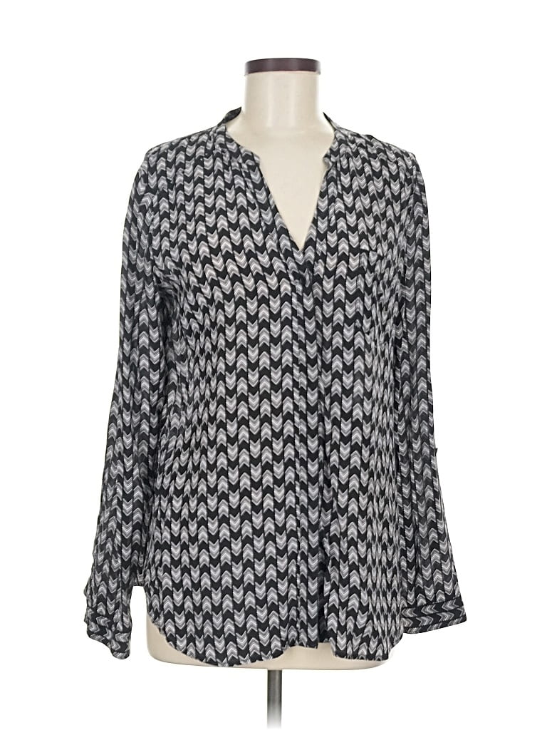 Pre-owned Trouve Long Sleeve Silk Top Black Chevron/herringbone Pattern Plunge Neckline Tops