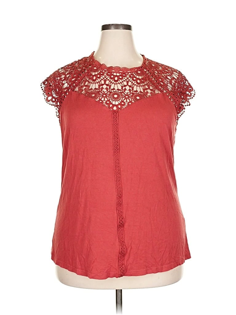 Pre-owned Peach Short Sleeve Top Red Keyhole Neckline Tops
