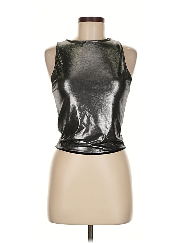 Pre-owned Prettylittlething Sleeveless Top Silver Metallic Pattern Halter Neckline Tops