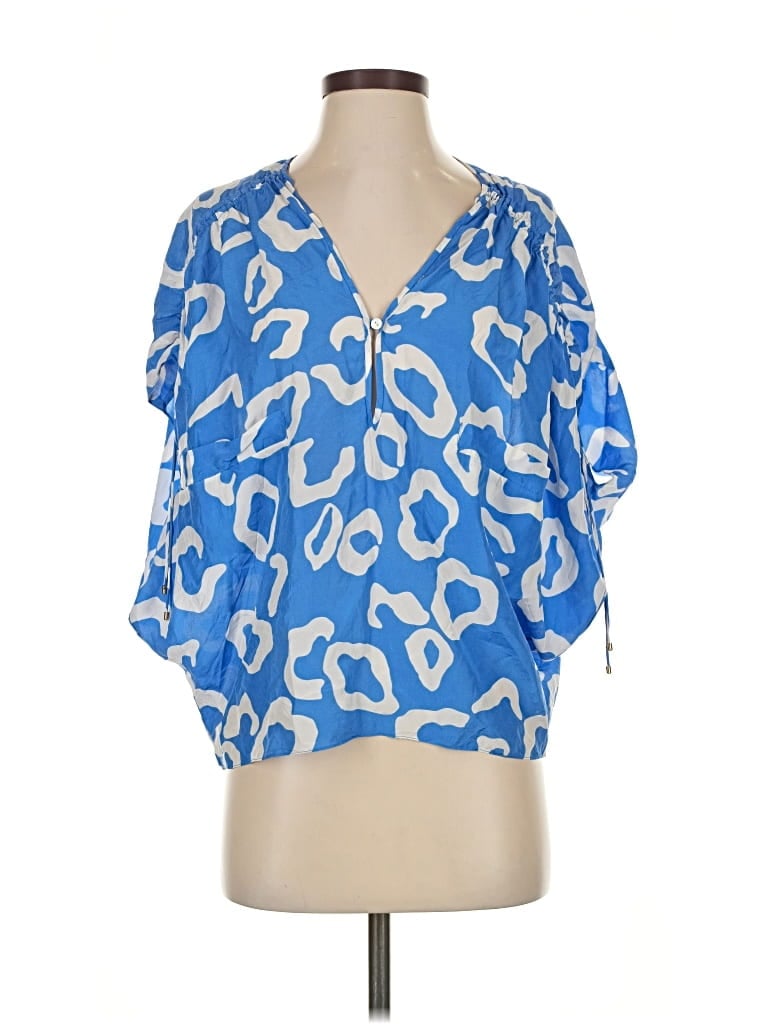 Pre-owned Diane Von Furstenberg Short Sleeve Silk Top Blue V Neck Tops