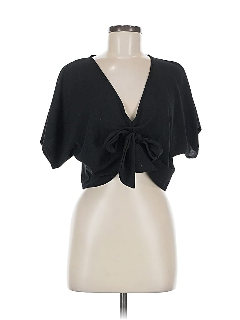 Pre-owned Prettylittlething Short Sleeve Top Black Plunge Neckline Tops