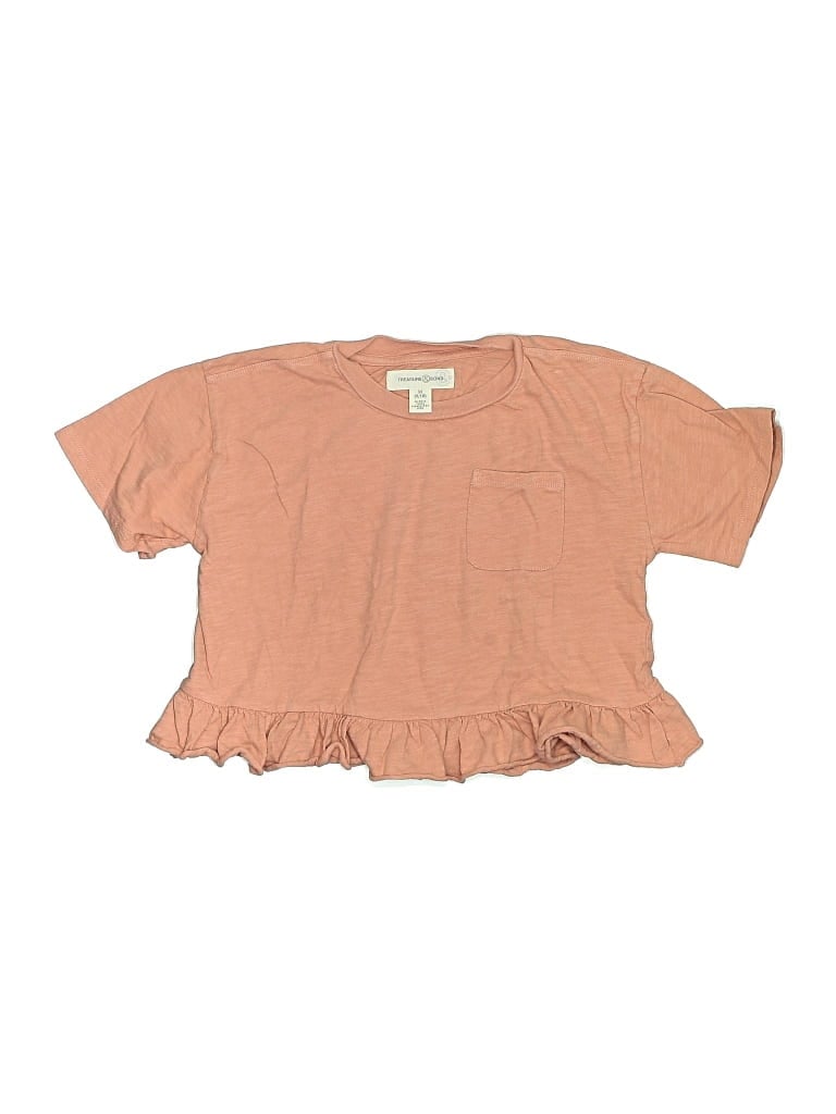 Pre-owned Treasure & Bond Kids' Short Sleeve Top Tan Ruffles Neckline Tops In Brown