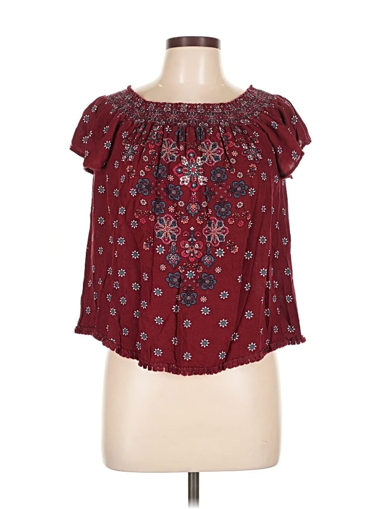 Pre-owned Altar'd State Short Sleeve Blouse In Burgundy